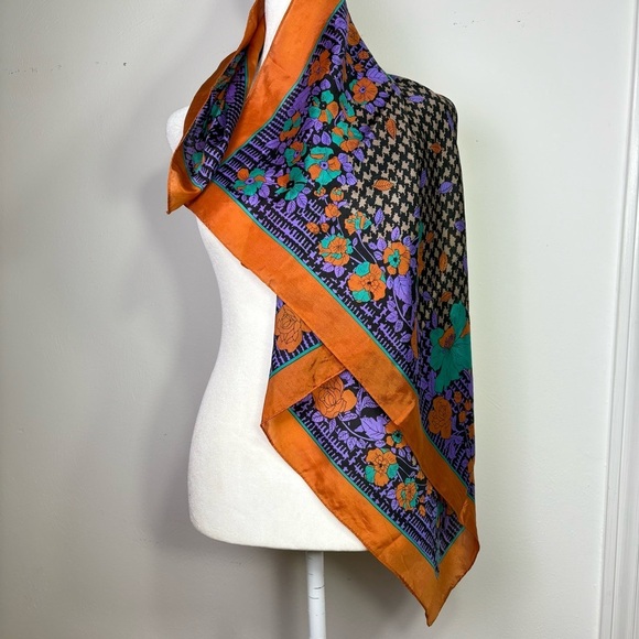 Vintage 80s 90s Square Silk Scarf Houndstooth Autumn Fall Leaves Rose Floral - Picture 10 of 14